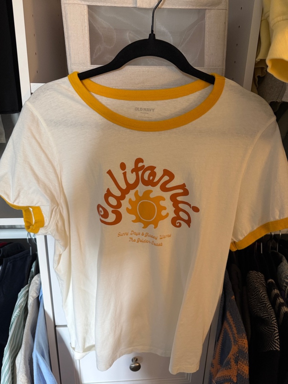 Old Navy Cream and Mustard Graphic Ringer Tee